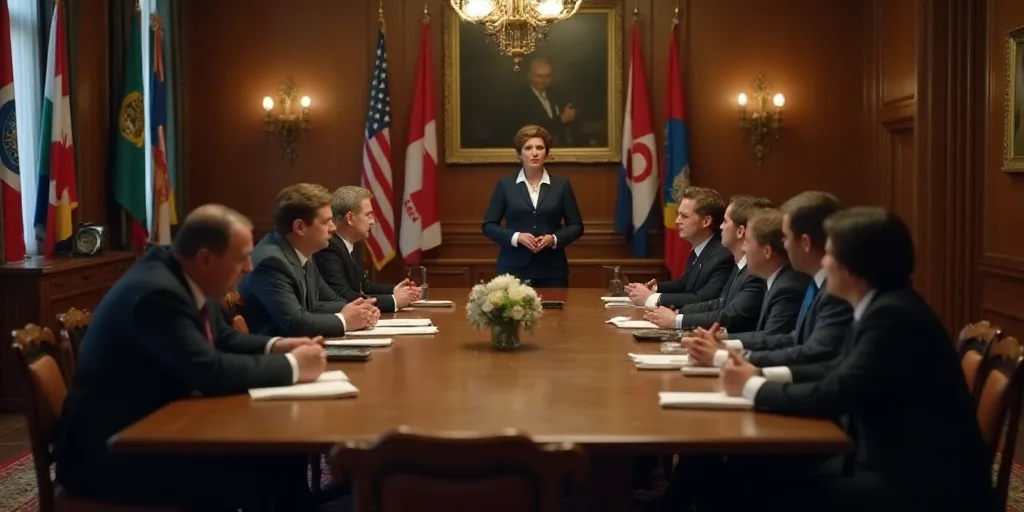 a group of people sitting around a wooden table in a room with flags on the walls and a woman standi