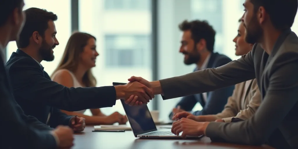 a group of people sitting around a table shaking hands with each other in a meeting room with a lapt