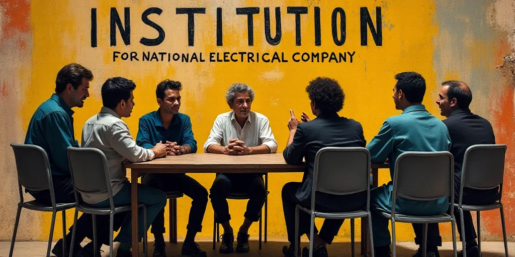 a group of people sitting around a table in front of a sign that reads institution national electric