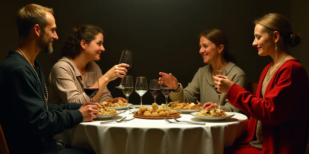 a group of people sitting around a table eating food and drinking wine and talking to each other in