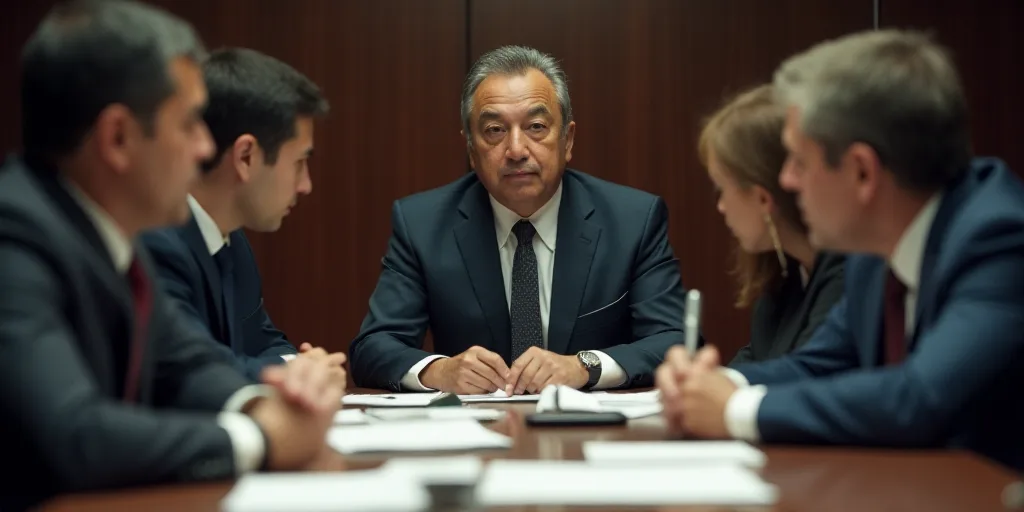a group of people sitting around a table with papers and pens on it, and one man in a suit and tie,