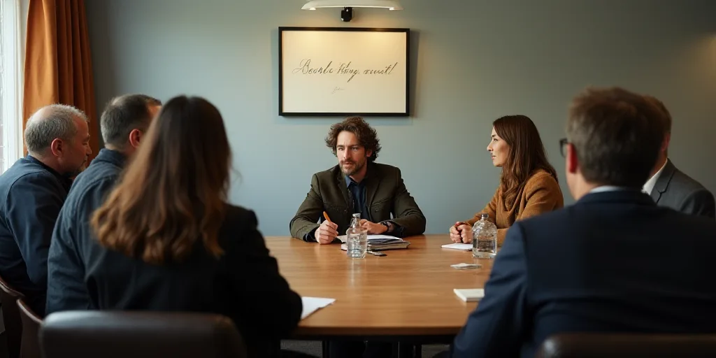 a group of people sitting around a table talking to each other in a room with a sign on the wall, Be