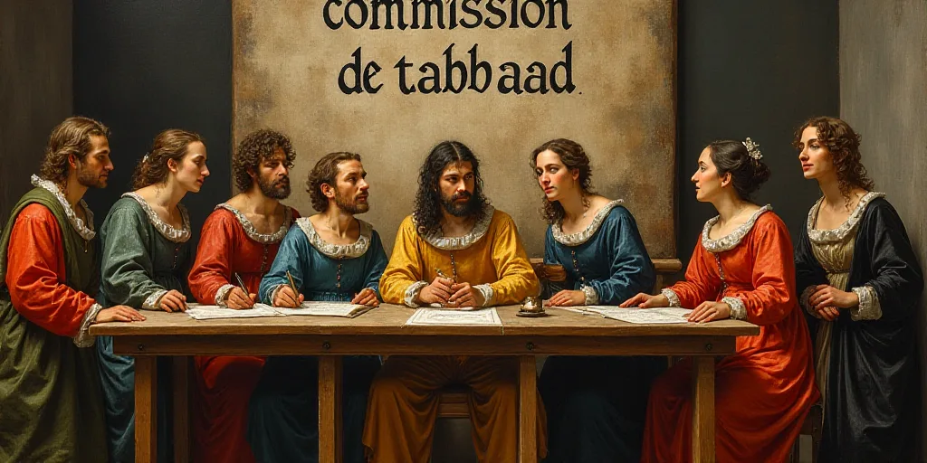 a group of people sitting at a table with a sign behind them that says commission de tabbaad, David