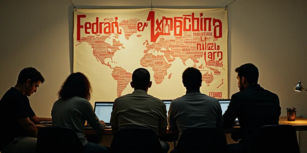 a group of people sitting at a table with laptops in front of them and a banner behind them, Federic