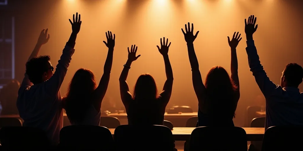 a group of people sitting at a table with their hands up in the air in front of them,, Araceli Gilbe
