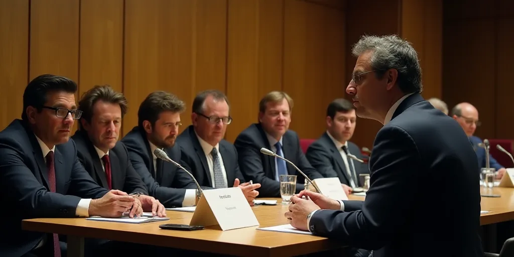 a group of people sitting at a table with microphones in front of them and a man standing at the fro