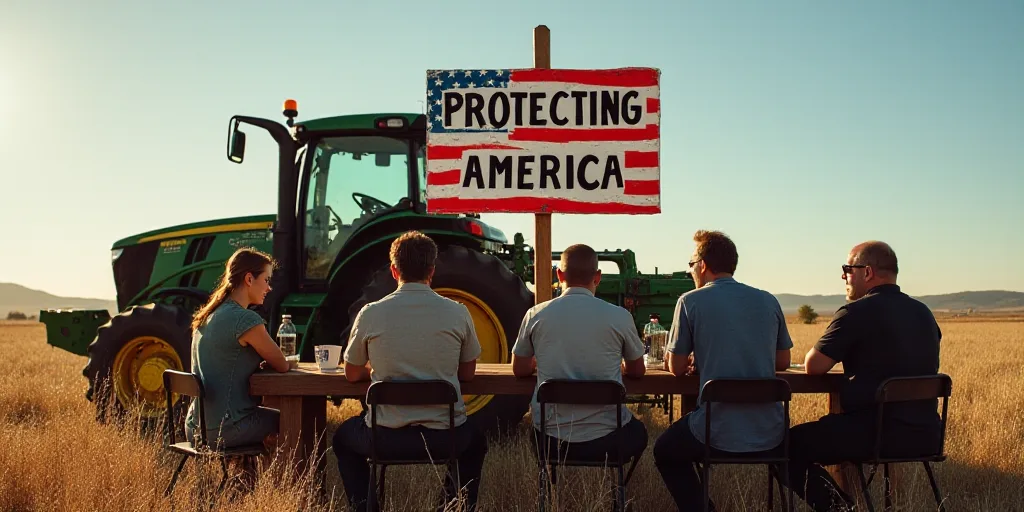 a group of people sitting at a table in front of a tractor and a sign that says protecting america,