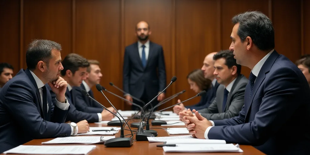 a group of people sitting at a table with papers and microphones in front of them and a man standing