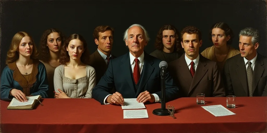 a group of people sitting at a table with a man in a suit and tie on the table with a microphone, Ce