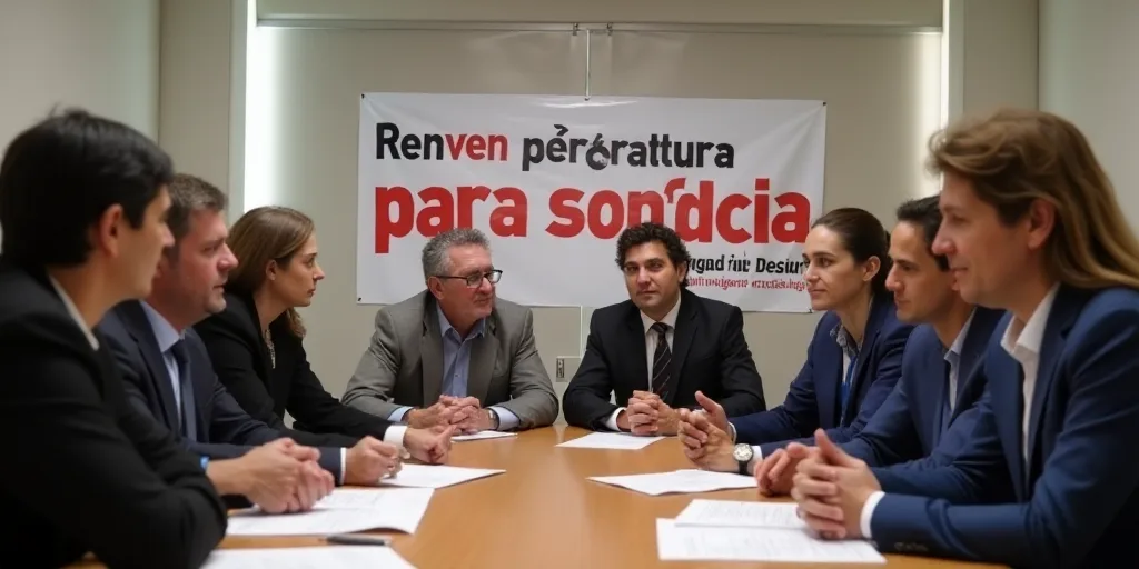 a group of people sitting at a table with papers on it and a banner behind them that says renven per