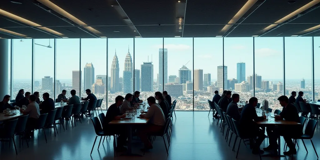 a group of people sitting at tables in a room with a large display of buildings on the wall behind t