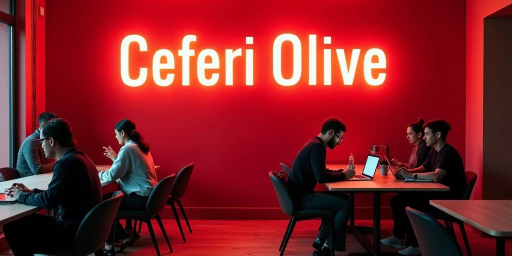 a group of people sitting at tables working on laptops in a room with a red wall and a sign that say