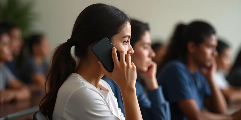 a group of people sitting in a classroom with one person holding a cell phone to their ear and the o