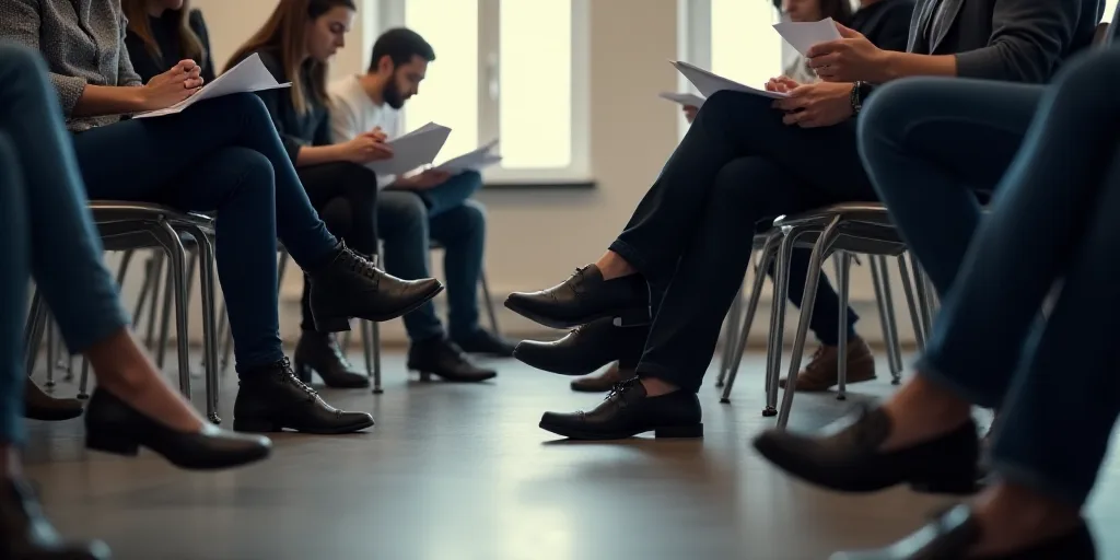 a group of people sitting in a row on chairs with their feet crossed and holding papers in their han