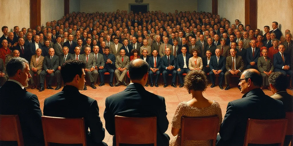 a group of people sitting in chairs in front of a crowd of people in suits and ties, clapping, David