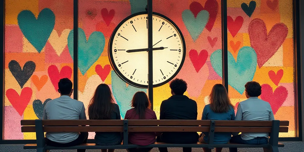 a group of people sitting on a bench in front of a window with hearts painted on it and a clock, Dav