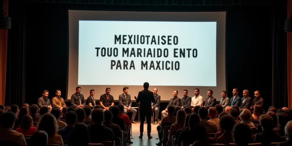 a group of people sitting on a stage in front of a screen with a mexican message on it and a man sta