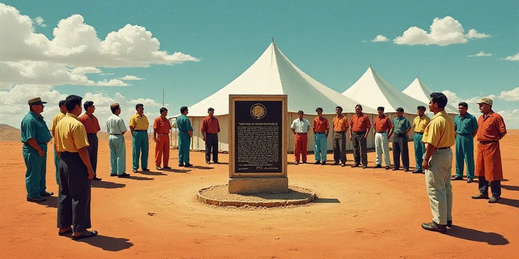 a group of people standing around a plaque on a dirt ground with a sky background and a white tent,