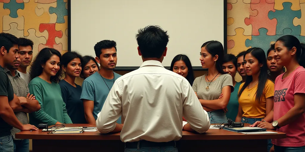 a group of people standing around each other in front of a sign and a microphone with a man in a whi