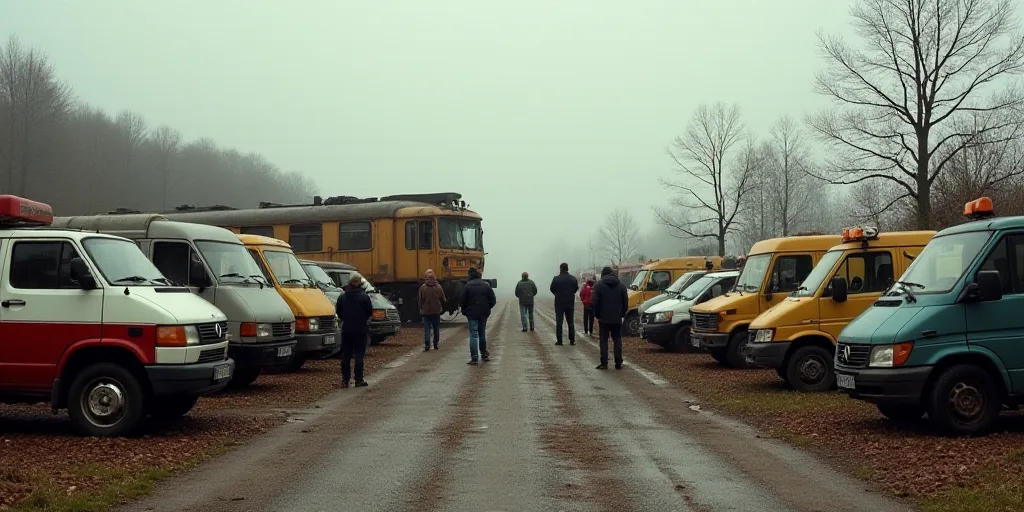 a group of people standing around a train yard with cars and trucks parked in front of them and a tr