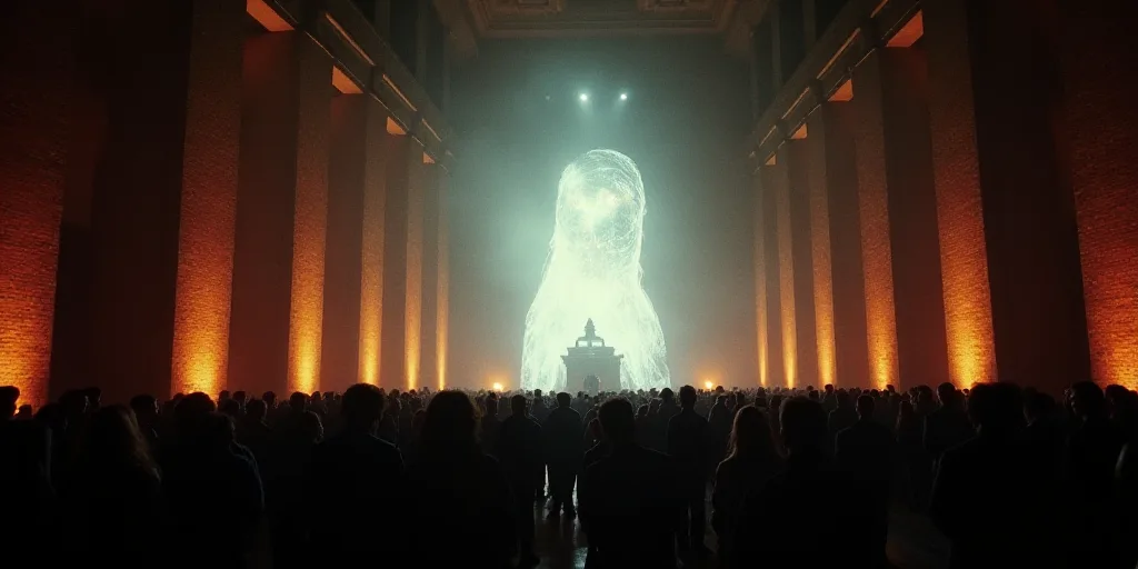 a group of people standing around a stage with lights on it's sides and a crowd of people standing a