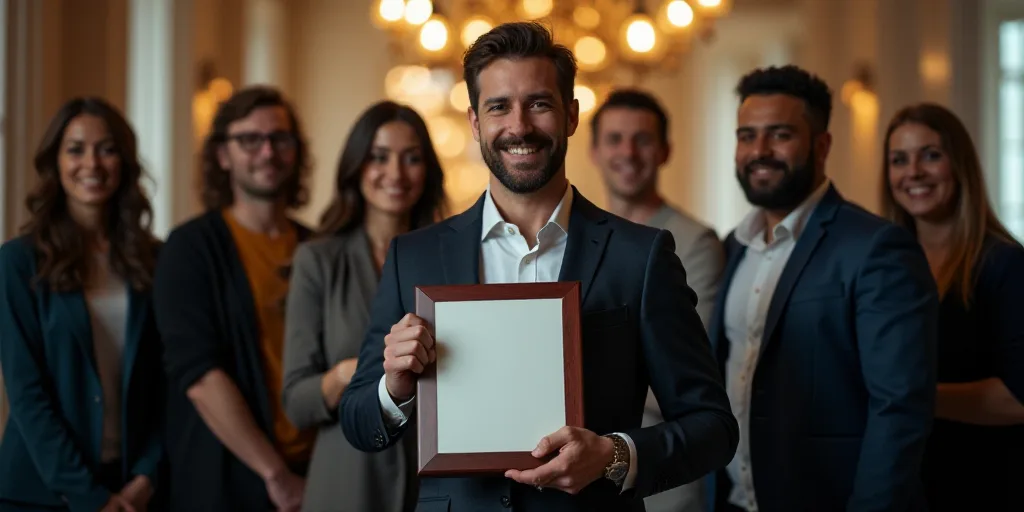 a group of people standing around each other holding a plaque and a plaque in front of them with a m