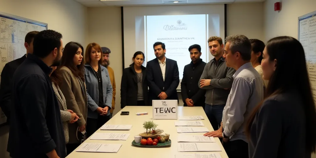 a group of people standing around a table in a room with a sign on it that says, i am not sure what