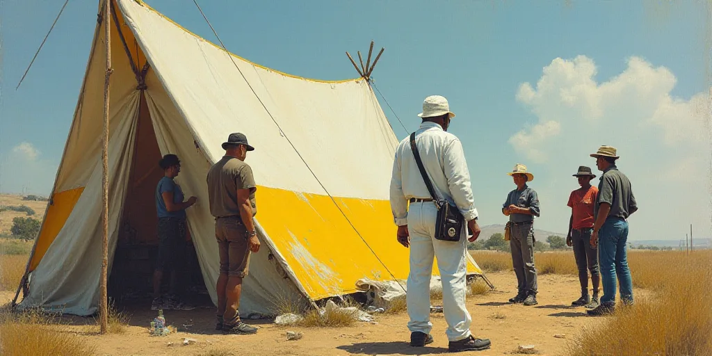 a group of people standing around a tent with a yellow tape on it's side and a man in a white suit,