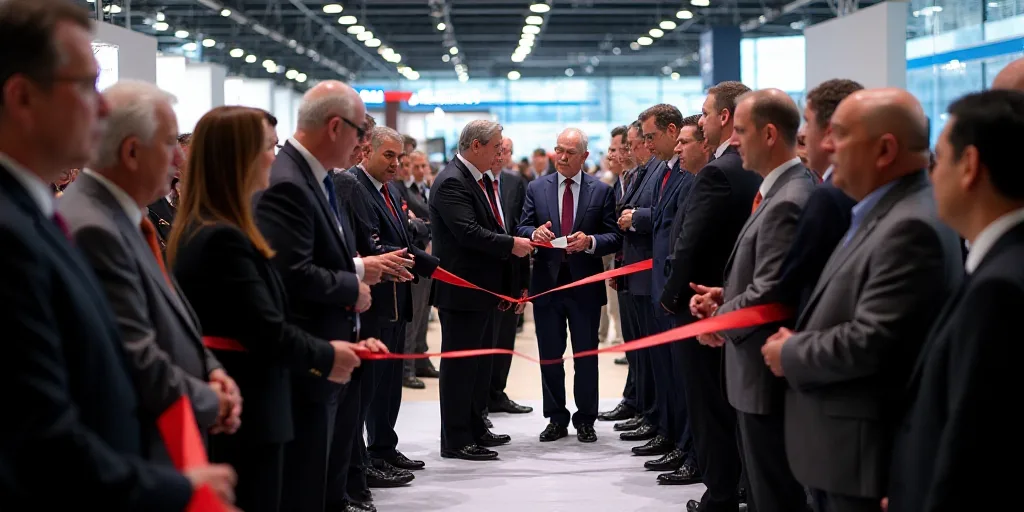 a group of people standing around a ribbon cutting ceremony at a convention or exhibition with a lar
