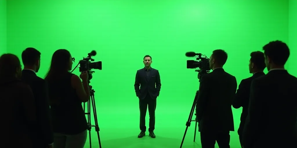 a group of people standing around a green screen with cameras on it and a man standing in front of t