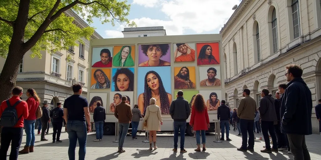 a group of people standing around a banner with pictures of people on it and a banner with a picture