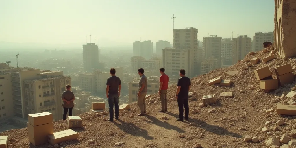 a group of people standing around a pile of boxes on top of a building that has been demolished and