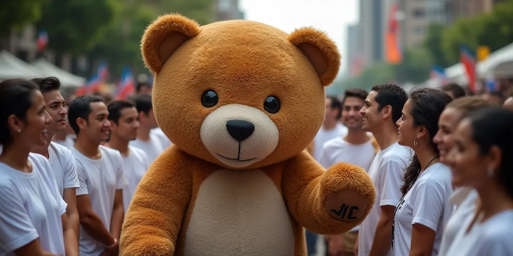 a group of people standing around a giant teddy bear mascot in front of a crowd of people in white s