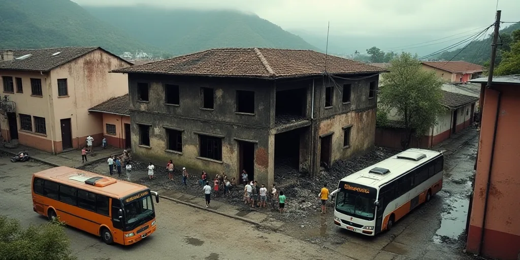 a group of people standing around a building that has been destroyed in a fire and a bus is parked n