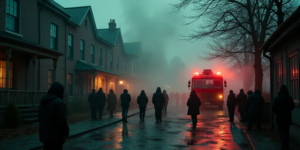 a group of people standing around a building with a fire truck in the background and a group of peop