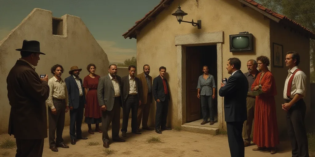 a group of people standing around a building with a tv on the wall and a person holding a cell phone