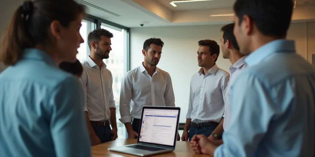 a group of people standing around a table with a laptop computer on it's side and a man in a white s