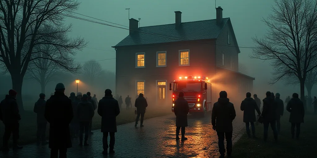 a group of people standing around a building with a fire truck in the background and a group of peop