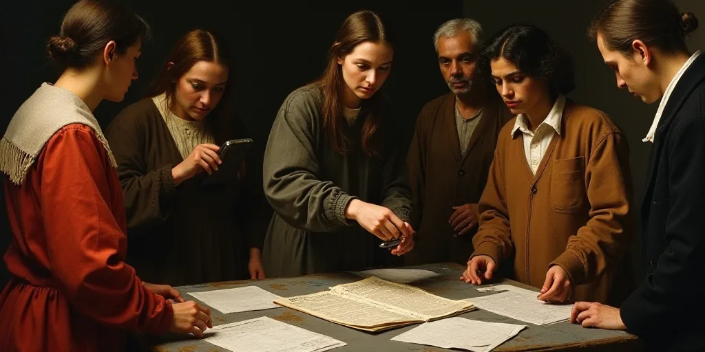 a group of people standing around a table with papers on it and a woman holding a cell phone in her