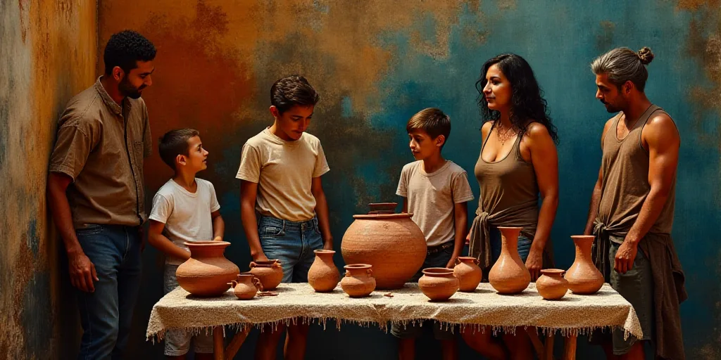 a group of people standing around a table with pottery on it and a woman standing next to a table wi