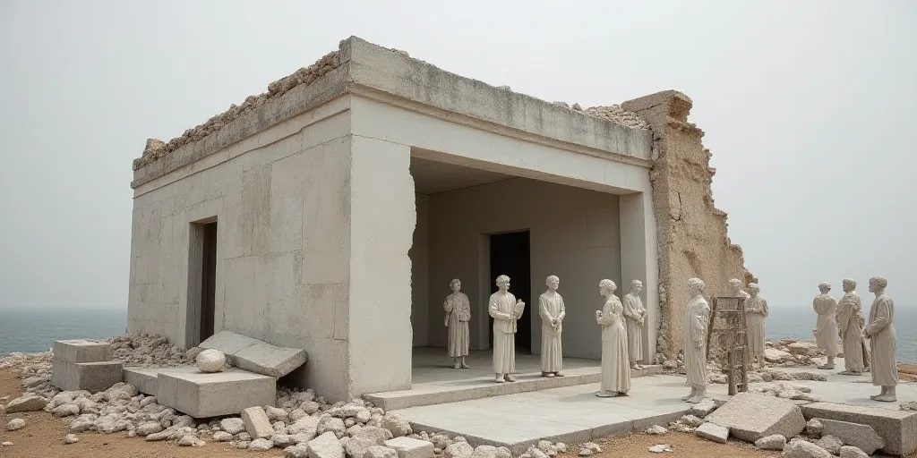 a group of people standing around a building that has been destroyed and is falling apart with a lad