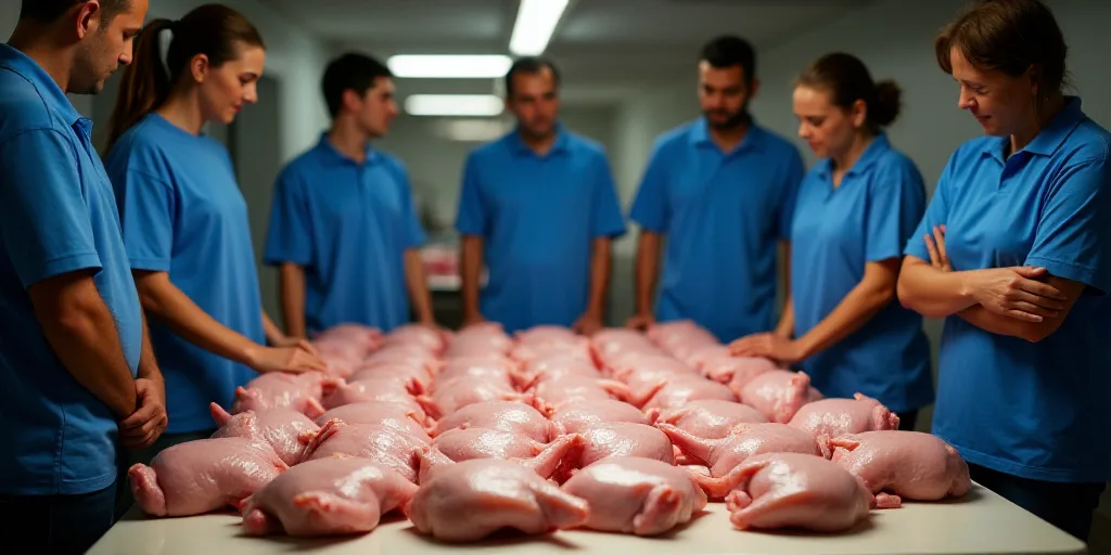 a group of people standing around a table with raw chicken on it's sides and people in blue shirts s