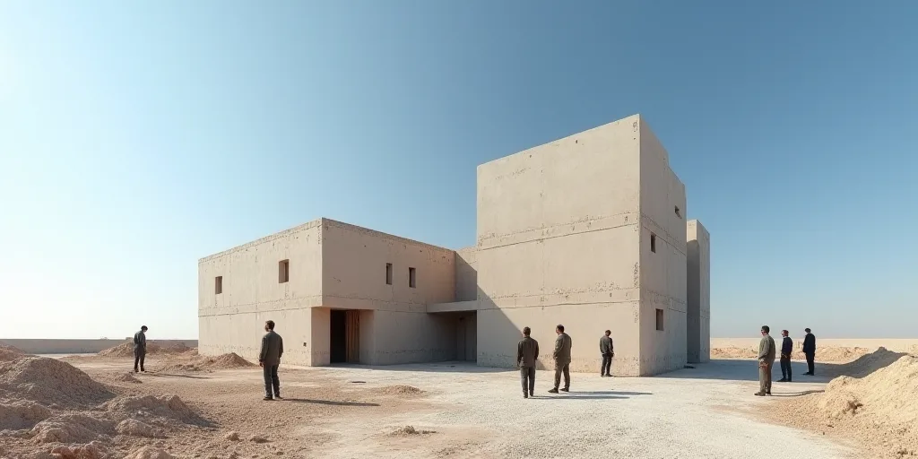 a group of people standing around a building under construction with a sky background and a blue sky