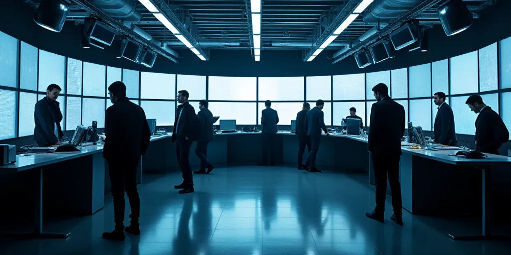 a group of people standing around a counter with lots of monitors on it's walls and a man walking by