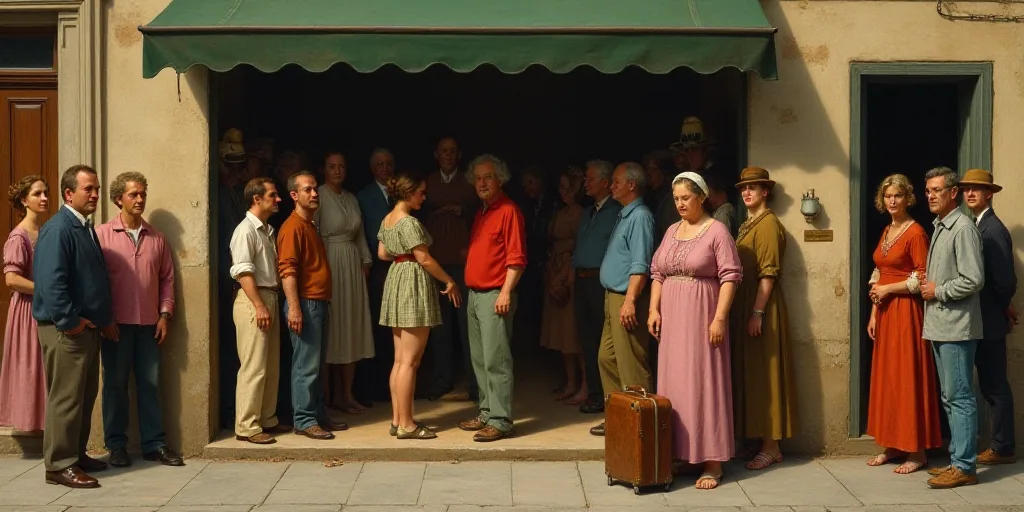 a group of people standing around a store with clothes on display and a man holding a bag of luggage