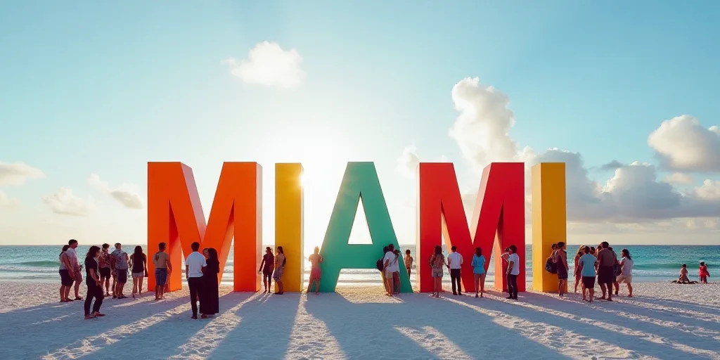 a group of people standing around a large sign on the beach with the word miami spelled in multicolo