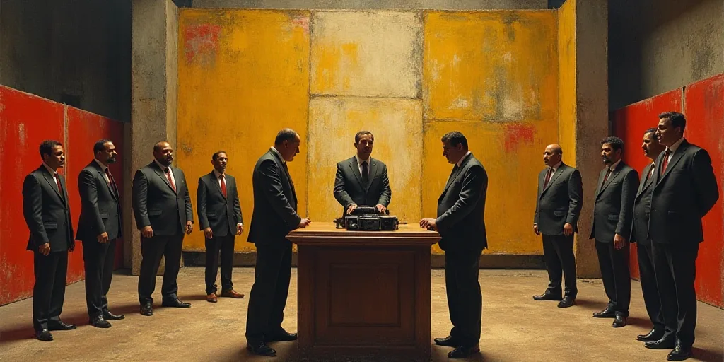 a group of people standing around a wooden table with a camera on it and a man standing at a podium,