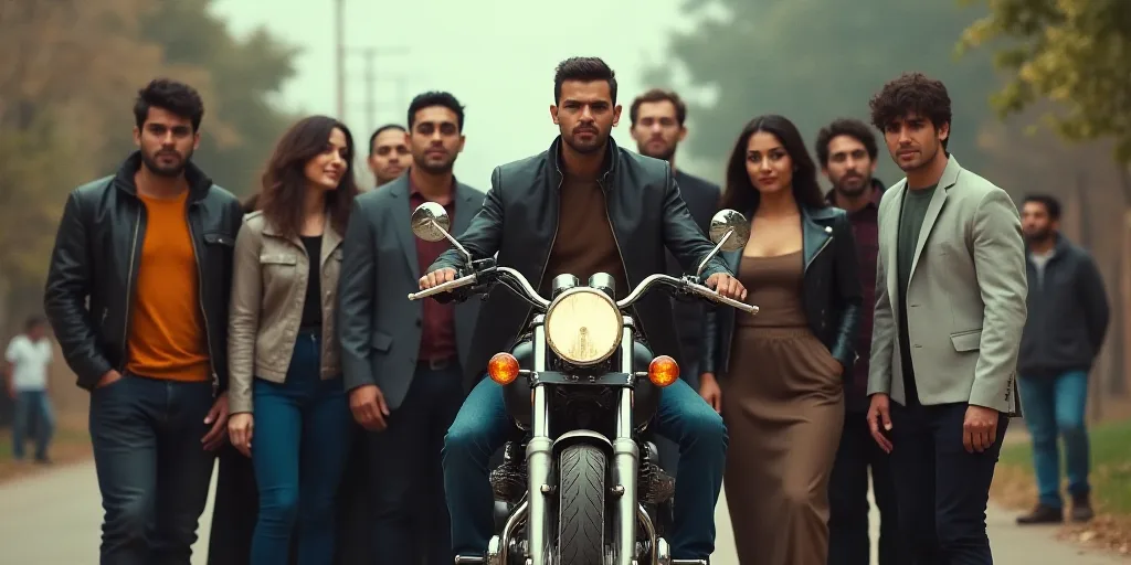 a group of people standing around a motorcycle with a man on the front of it and a woman on the back