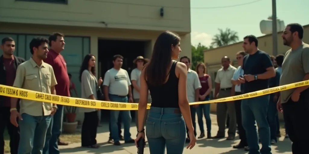 a group of people standing around a building with police tape around them and a woman holding a gun