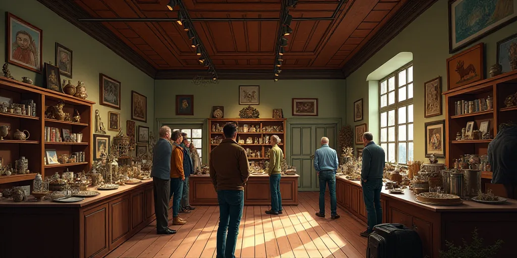a group of people standing around a store filled with items and decorations on display in a room wit